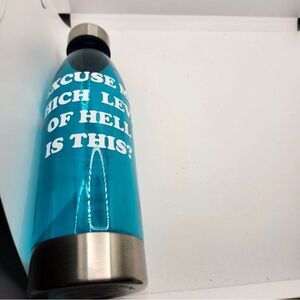 Hand Crafted Travel Water Bottle Plastic  Steel Lid, Bottom Blue Funny Saying